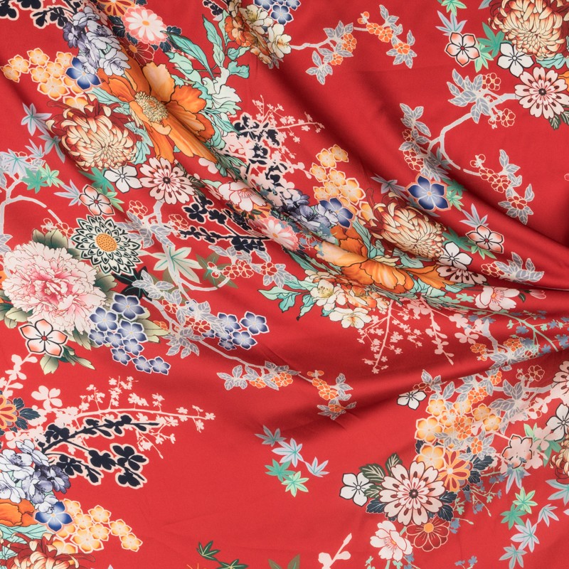Polyester Satin Floral Rot - Ribes y Casals