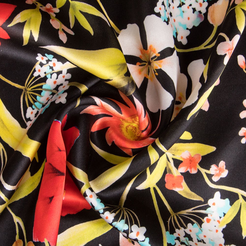 Italienischer Seidensatin Floral Schwarz - Ribes y Casals