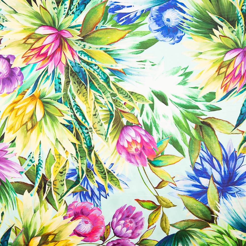 Satin Silk Natural Silk Tropical Flower Print Water Green - Ribes y Casals