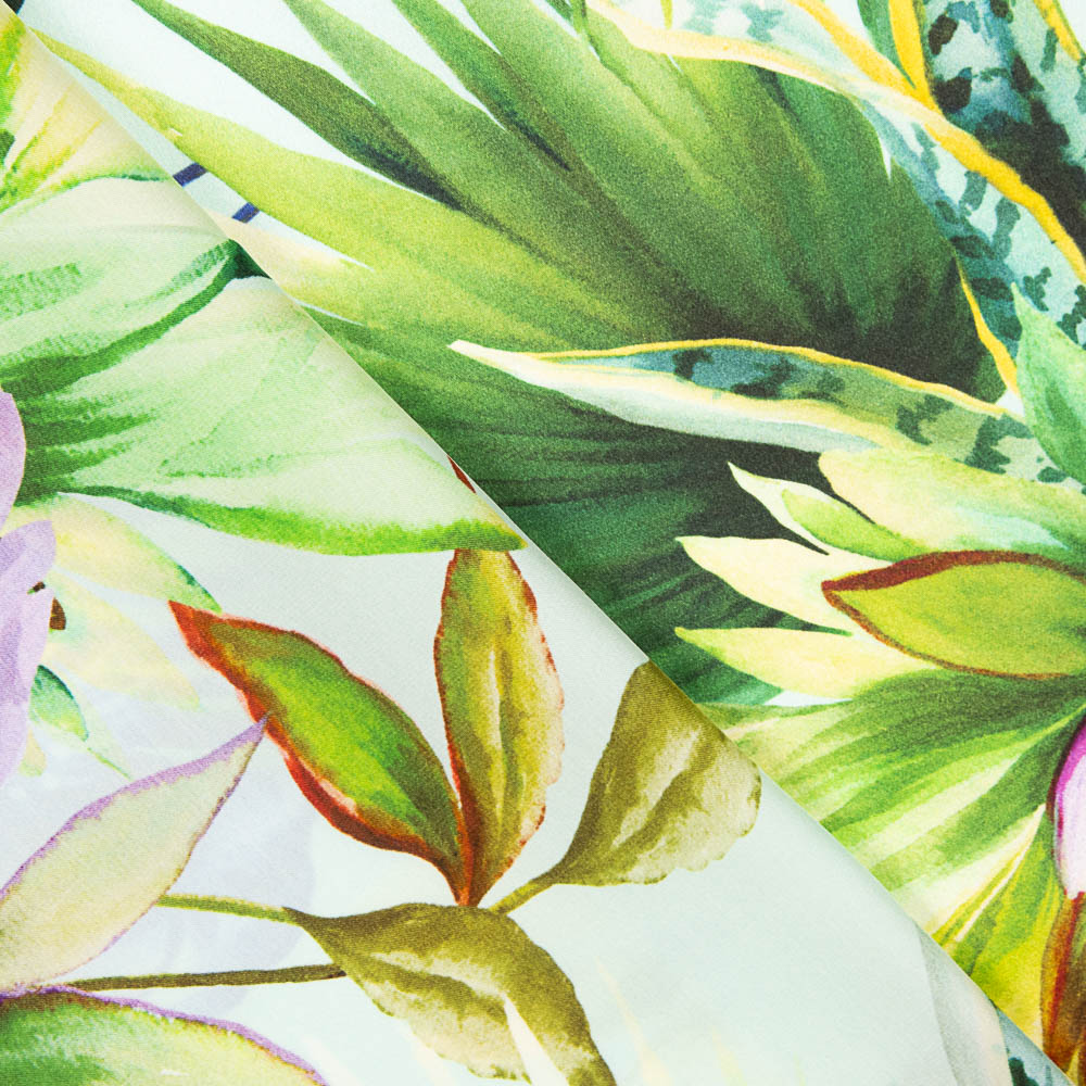 Satin Silk Natural Silk Tropical Flower Print Water Green - Ribes y Casals