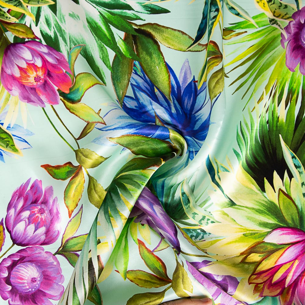 Satin Silk Natural Silk Tropical Flower Print Water Green - Ribes y Casals