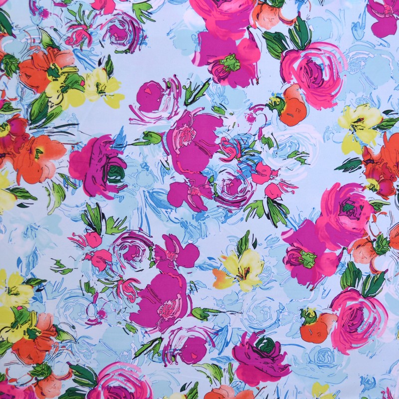 Himmelblauer Aquarellblumen-Krepp-Stoff bedruckt - Ribes y Casals
