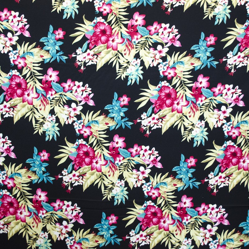 Schwarzer tropischer Blumen-Krepp-Stoff - Ribes y Casals