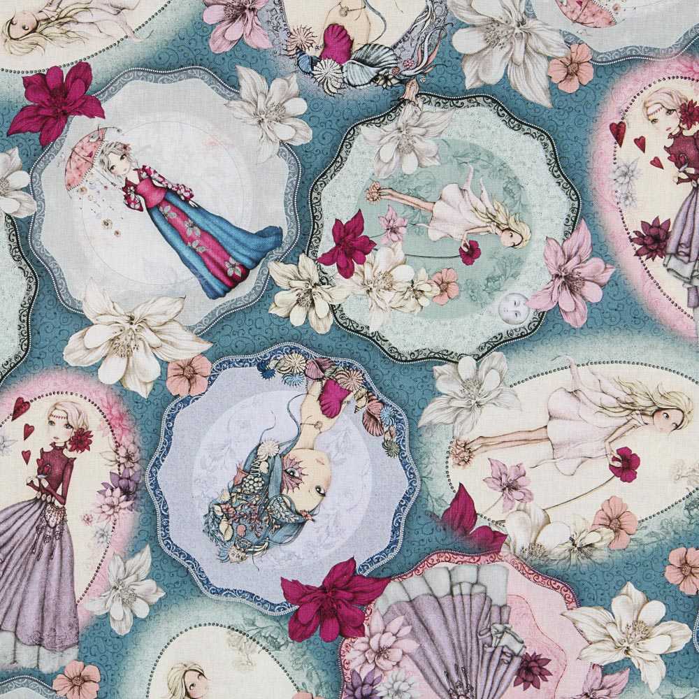 Patchworkstoff Mirabelle Midnight Garden Aquamarin - Ribes y Casals