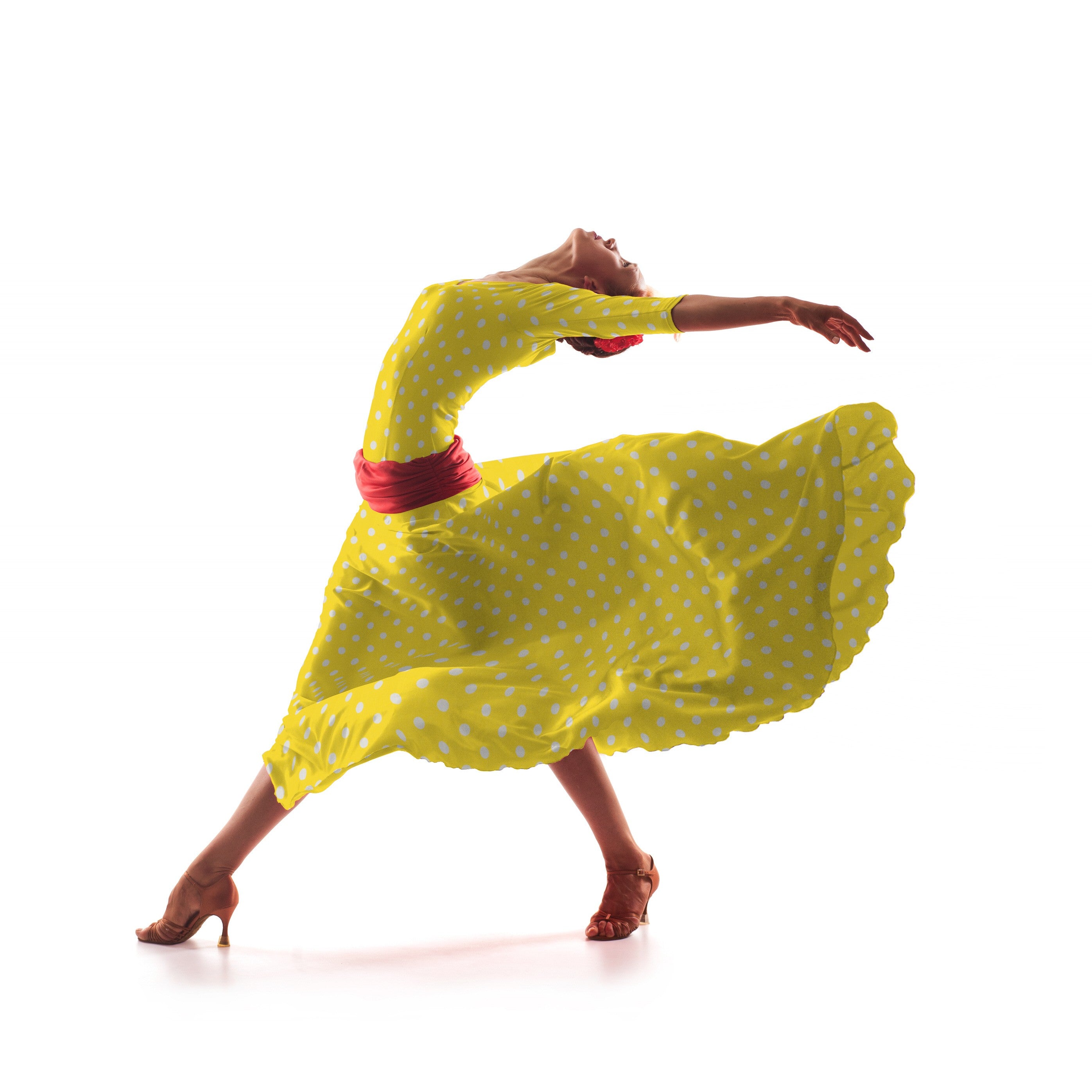 Flamenco-Popeline-Stoff mit gelben Hintergrund-Punkten - Ribes y Casals