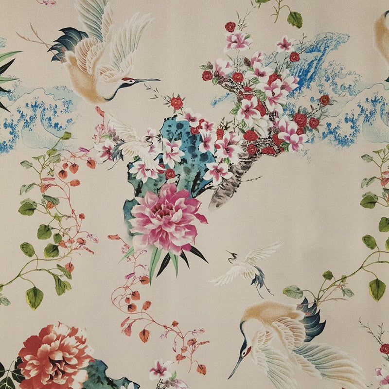 Satin Mikado Birds Heller Stein Satin-Stoff - Ribes y Casals