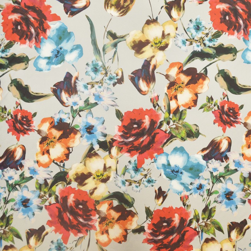Satin Mikado Blume Aquarell Satin Stoff Grau - Ribes y Casals