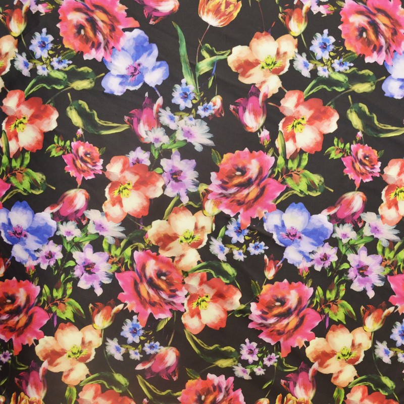 Satin Mikado Blume Aquarell Schwarzer Satin-Stoff - Ribes y Casals