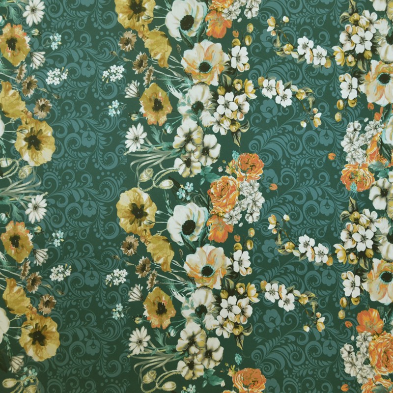 Smaragdgrüner Barockblumen-Satin-Stoff - Ribes y Casals