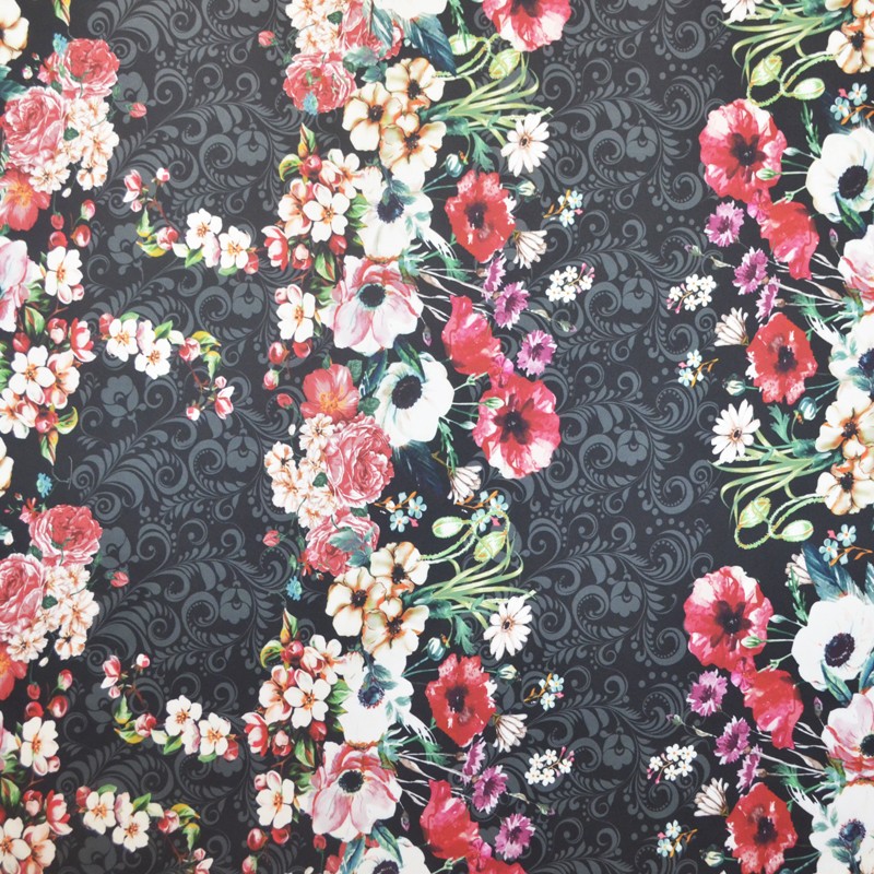 Schwarzer Barockblumen-Satin-Stoff Schwarz - Ribes y Casals
