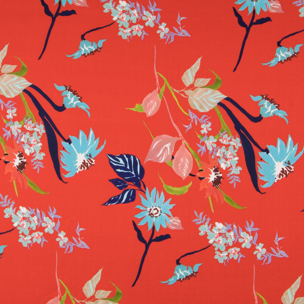 Roter floraler Satin-Stoff - Ribes y Casals