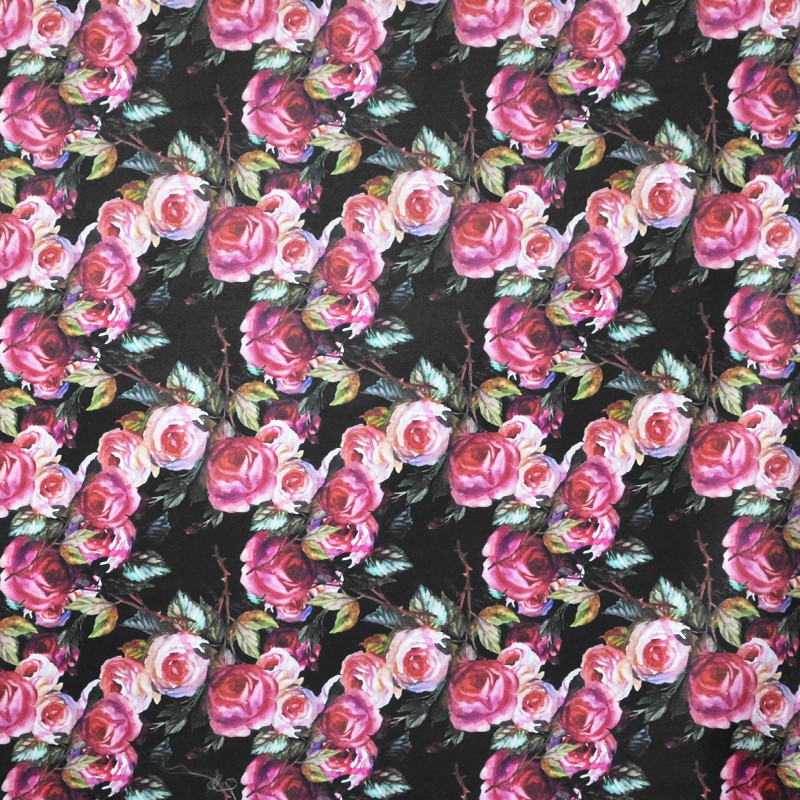 Shantung Floral Stoff Schwarzer Hintergrund - Ribes y Casals