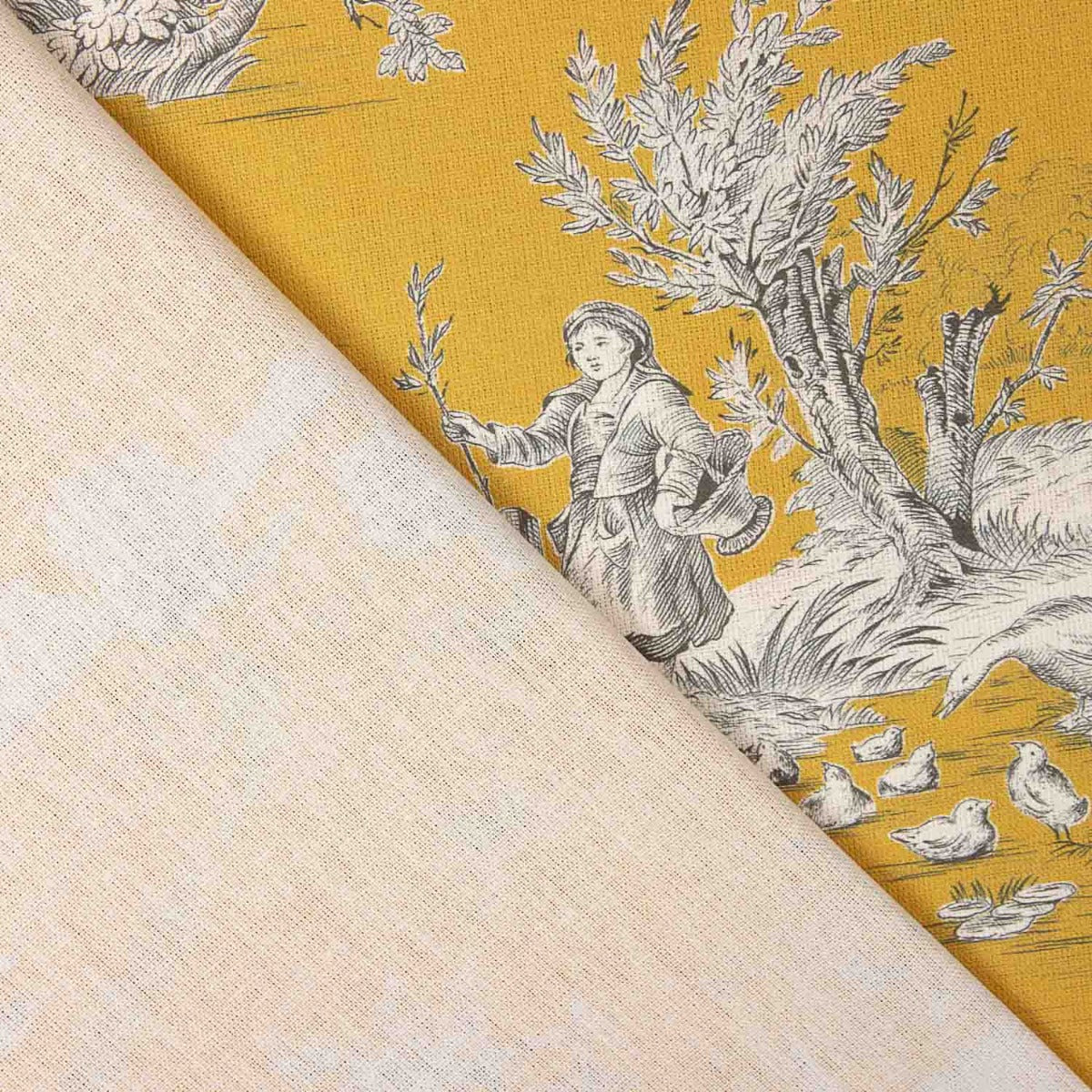 Stoffrest Toile de Jouy mit gelbem Hintergrund – verschiedene Maße x Breite 280 cm - Ribes y Casals