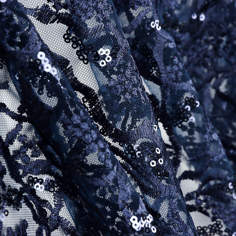 Marineblauer Tüll mit Blumenstickerei - Ribes y Casals