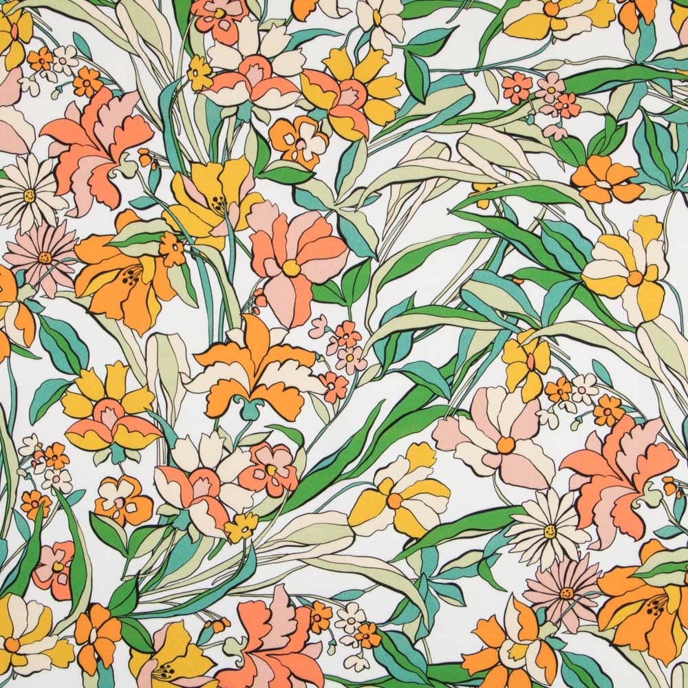 Viskose Gedruckt Orange Blume Weiß - Ribes y Casals