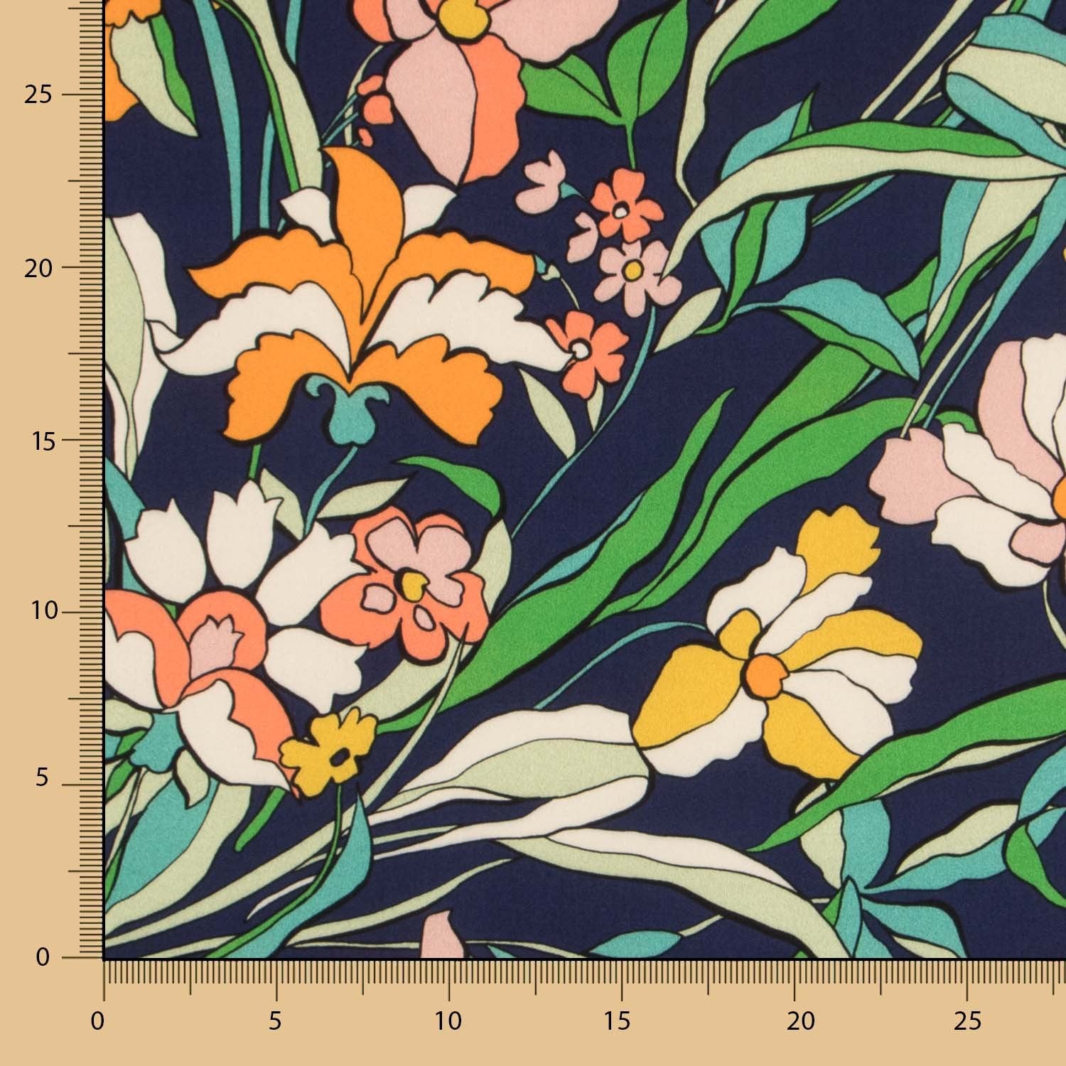 Viskose Gedruckte Blume Orange Marine - Ribes y Casals