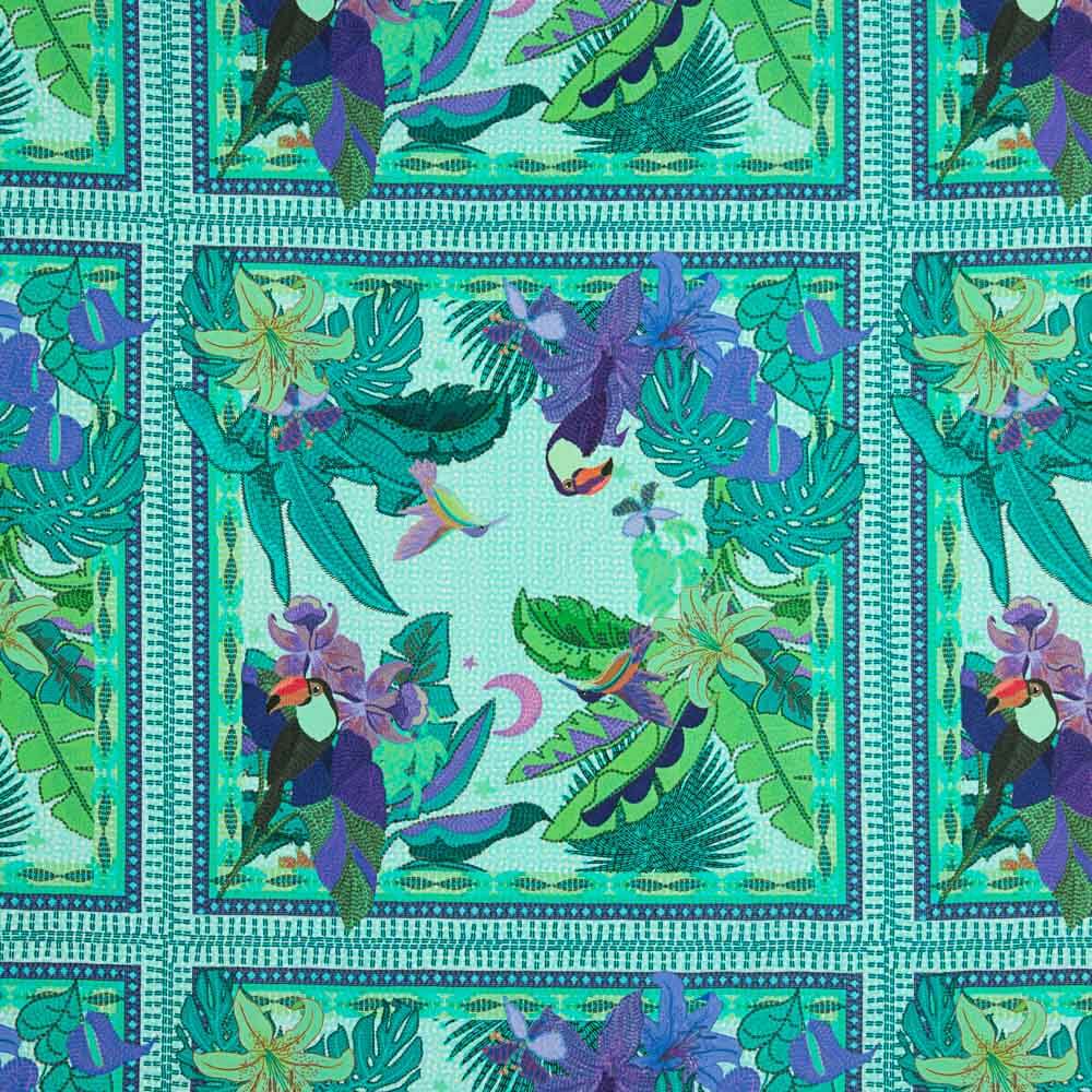 Viskose-Reststück „Tropisches Karomuster“ – Blau – Verschiedene Maße x Breite 140 cm - Ribes y Casals